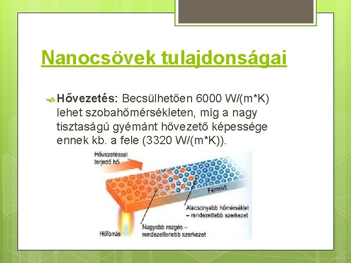 Nanocsövek tulajdonságai Hővezetés: Becsülhetően 6000 W/(m*K) lehet szobahőmérsékleten, míg a nagy tisztaságú gyémánt hővezető