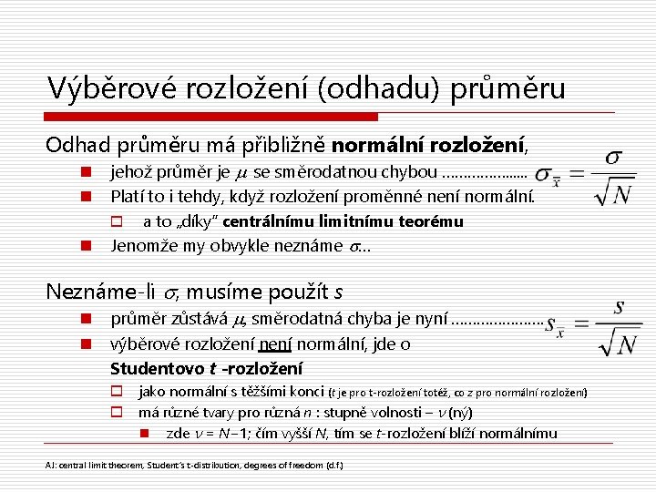 Výběrové rozložení (odhadu) průměru Odhad průměru má přibližně normální rozložení, n n jehož průměr