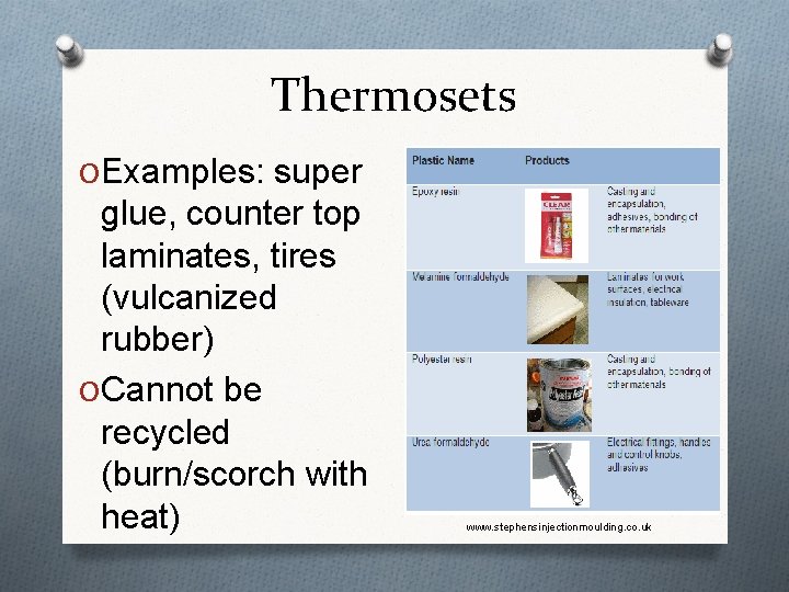 Thermosets O Examples: super glue, counter top laminates, tires (vulcanized rubber) O Cannot be Thermosets O Examples: super glue, counter top laminates, tires (vulcanized rubber) O Cannot be