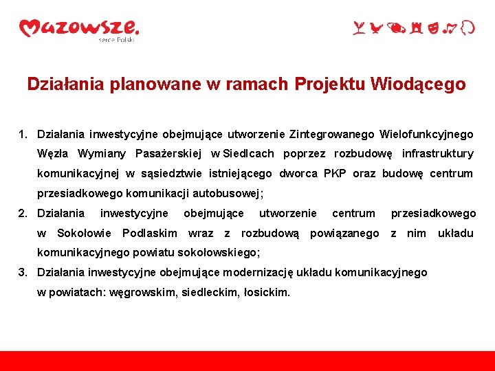 Działania planowane w ramach Projektu Wiodącego 1. Działania inwestycyjne obejmujące utworzenie Zintegrowanego Wielofunkcyjnego Węzła