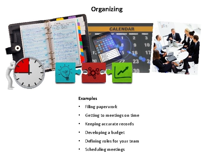Organizing Examples • Filing paperwork • Getting to meetings on time • Keeping accurate Organizing Examples • Filing paperwork • Getting to meetings on time • Keeping accurate