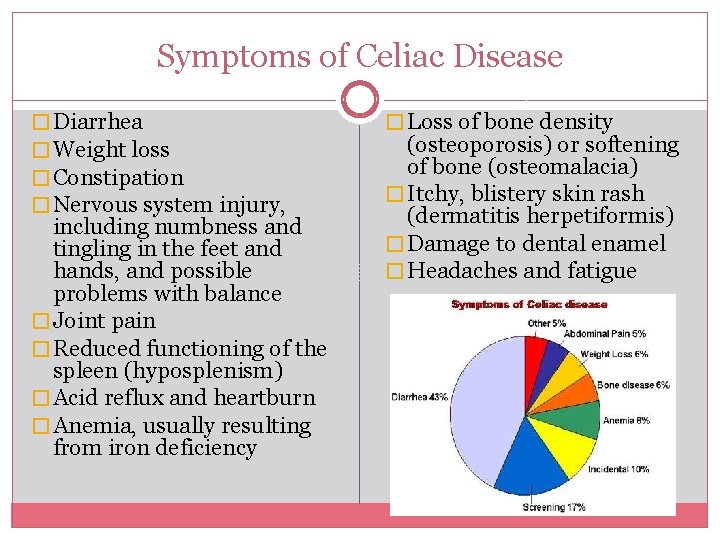 Symptoms of Celiac Disease � Diarrhea � Weight loss � Constipation � Nervous system