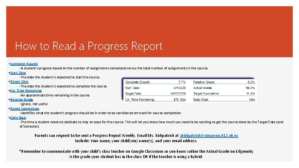 How to Read a Progress Report • Complete (Count) -A student’s progress based on