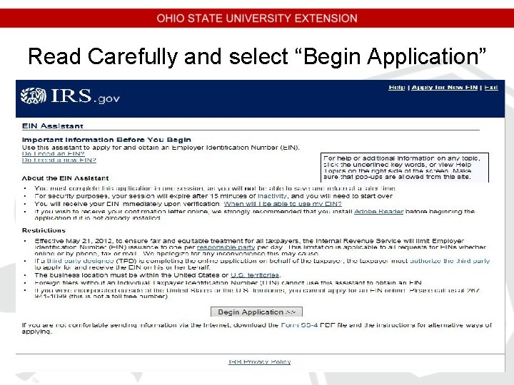 Read Carefully and select “Begin Application” Read Carefully and select “Begin Application”