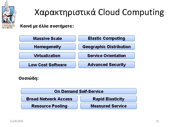 Χαρακτηριστικά Cloud Computing Κοινά με άλλα συστήματα: Massive Scale Elastic Computing Homogeneity Geographic Distribution