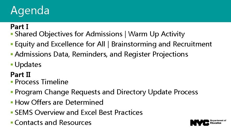 Agenda Part I § Shared Objectives for Admissions | Warm Up Activity § Equity