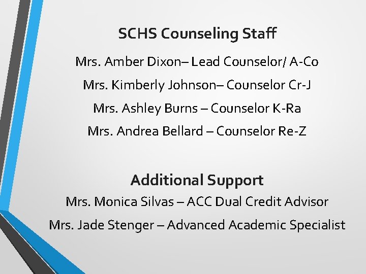 SCHS Counseling Staff Mrs. Amber Dixon– Lead Counselor/ A-Co Mrs. Kimberly Johnson– Counselor Cr-J