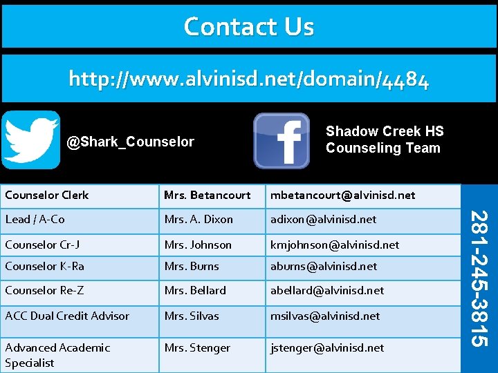 Contact Us http: //www. alvinisd. net/domain/4484 @Shark_Counselor Shadow Creek HS Counseling Team Mrs. Betancourt