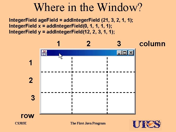 Where in the Window? Integer. Field age. Field = add. Integer. Field (21, 3,