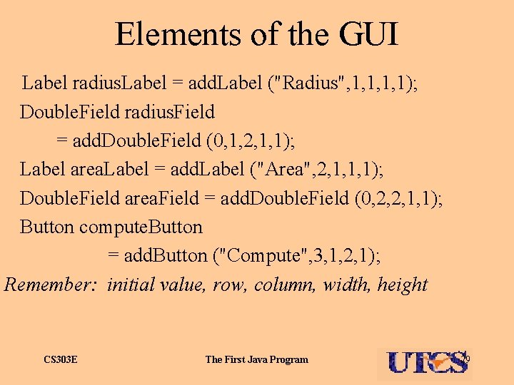 Elements of the GUI Label radius. Label = add. Label ("Radius", 1, 1); Double.