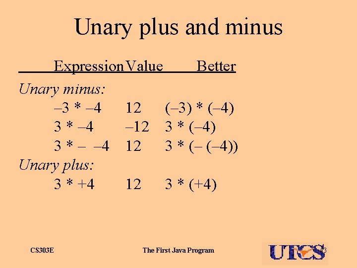 Unary plus and minus Expression. Value Better Unary minus: – 3 * – 4