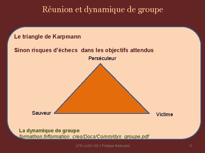 Réunion et dynamique de groupe Le triangle de Karpmann Sinon risques d’échecs dans les