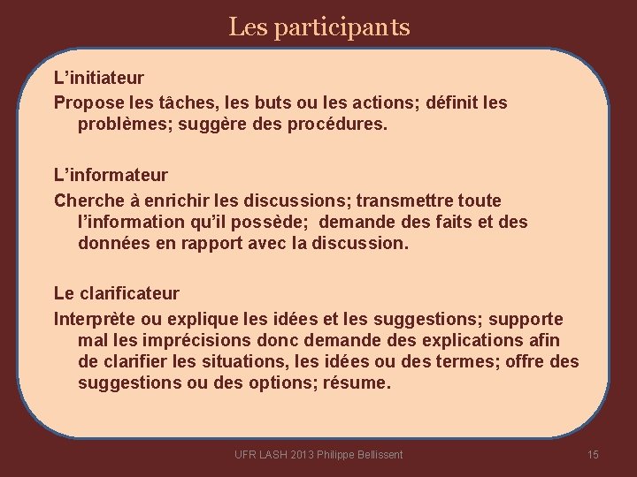 Les participants L’initiateur Propose les tâches, les buts ou les actions; déﬁnit les problèmes;