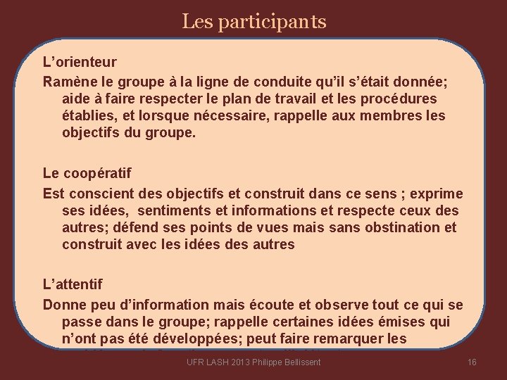 Les participants L’orienteur Ramène le groupe à la ligne de conduite qu’il s’était donnée;