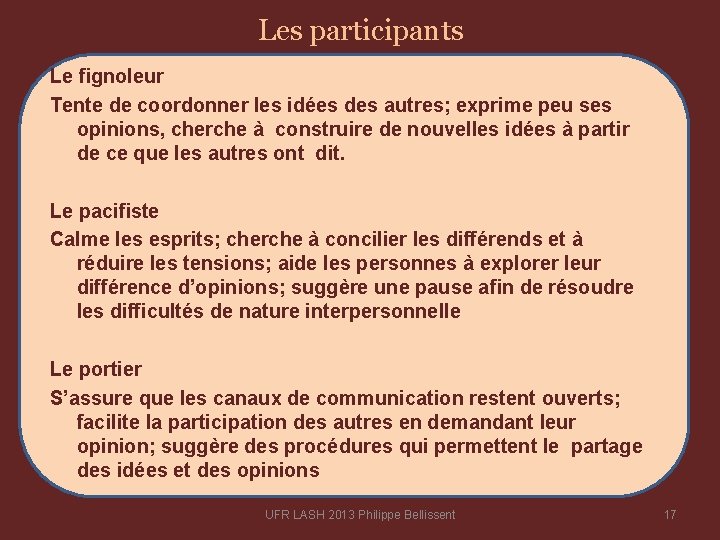 Les participants Le ﬁgnoleur Tente de coordonner les idées des autres; exprime peu ses