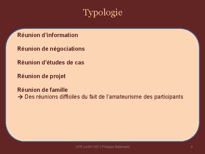 Typologie Réunion d’information Réunion de négociations Réunion d’études de cas Réunion de projet Réunion