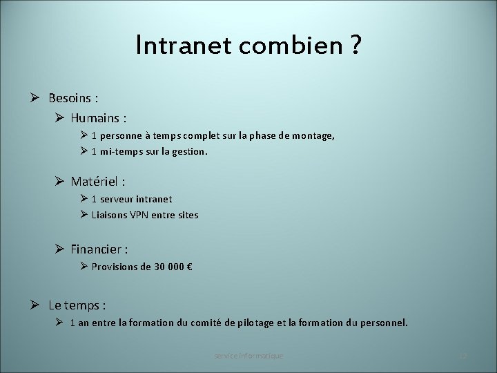 Intranet combien ? Ø Besoins : Ø Humains : Ø 1 personne à temps