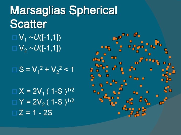 Marsaglias Spherical Scatter � V 1 ~U([-1, 1]) � V 2 ~U([-1, 1]) �S=