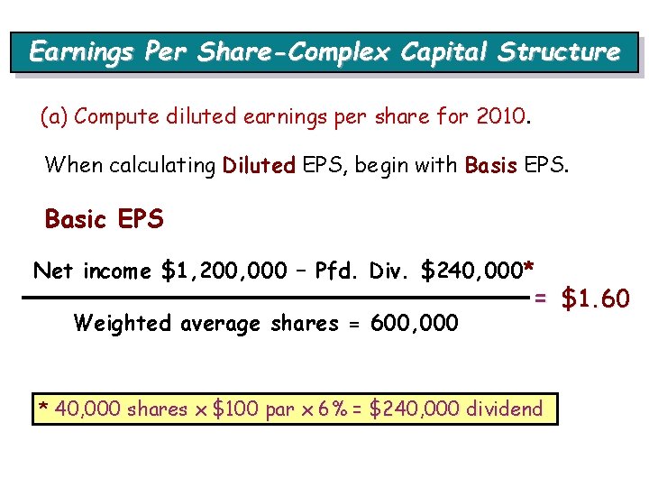 Earnings Per Share-Complex Capital Structure (a) Compute diluted earnings per share for 2010. When