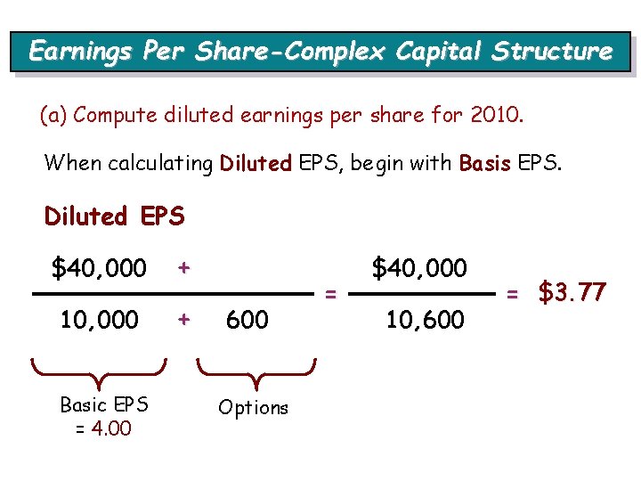 Earnings Per Share-Complex Capital Structure (a) Compute diluted earnings per share for 2010. When