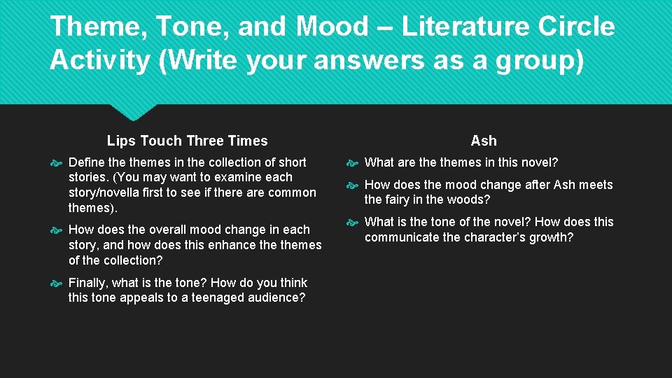 Theme, Tone, and Mood – Literature Circle Activity (Write your answers as a group) Theme, Tone, and Mood – Literature Circle Activity (Write your answers as a group)