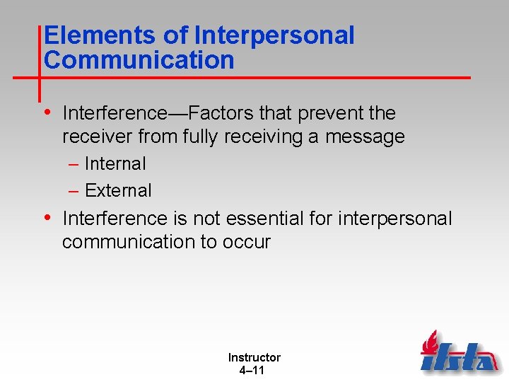 Elements of Interpersonal Communication • Interference—Factors that prevent the receiver from fully receiving a