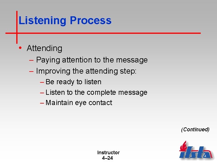 Listening Process • Attending – Paying attention to the message – Improving the attending