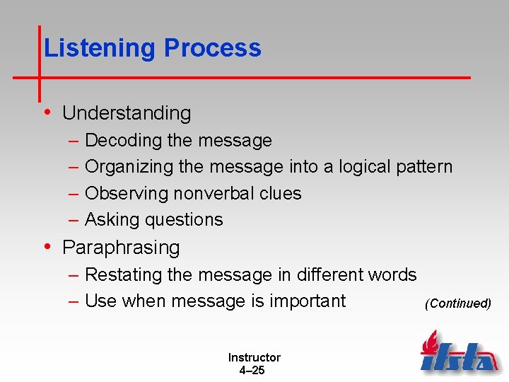 Listening Process • Understanding – Decoding the message – Organizing the message into a