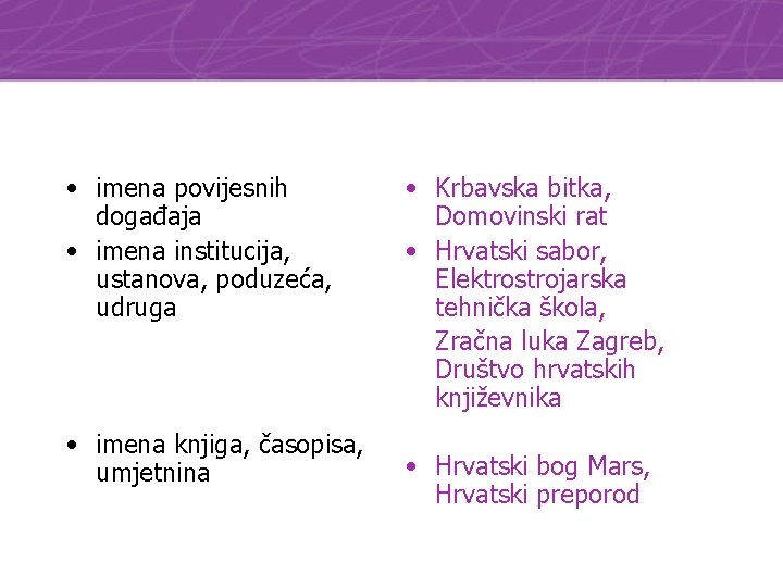 • imena povijesnih događaja • imena institucija, ustanova, poduzeća, udruga • imena knjiga,