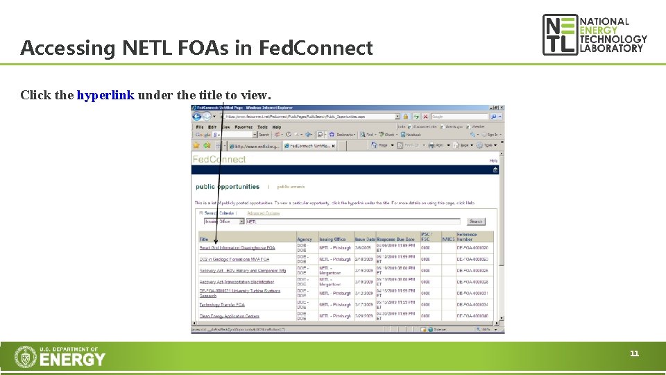Accessing NETL FOAs in Fed. Connect Click the hyperlink under the title to view.