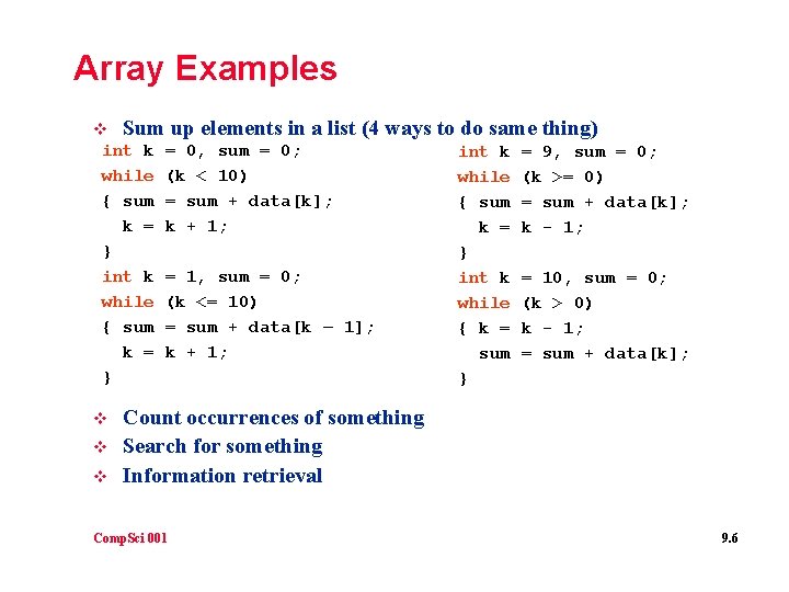 Array Examples v Sum up elements in a list (4 int k = 0,