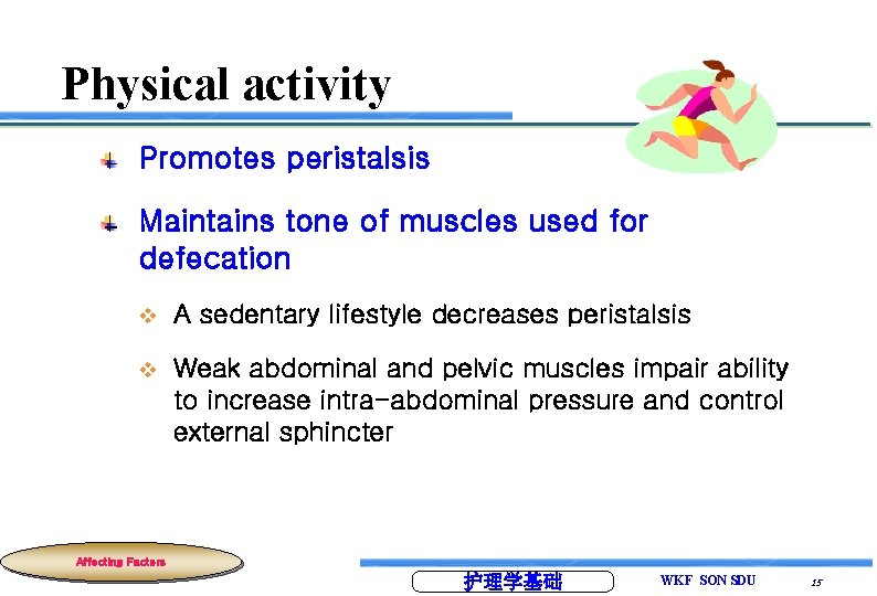 Physical activity Promotes peristalsis Maintains tone of muscles used for defecation v A sedentary