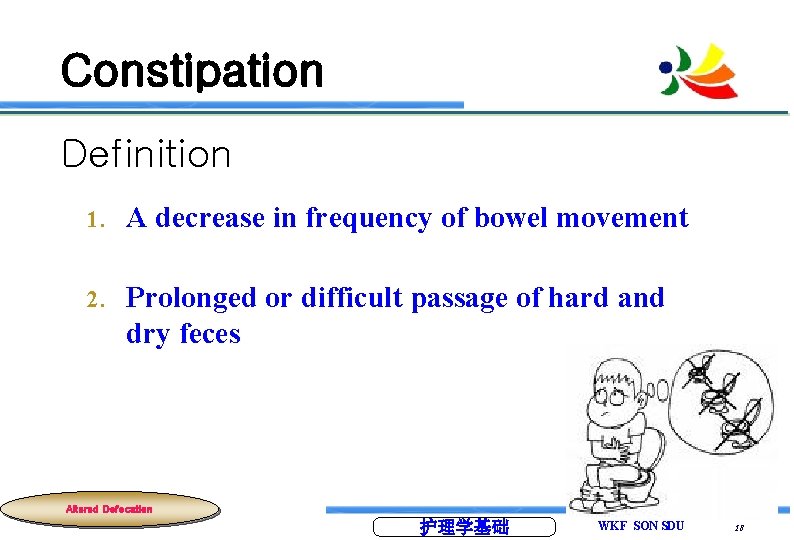 Constipation Definition 1. A decrease in frequency of bowel movement 2. Prolonged or difficult