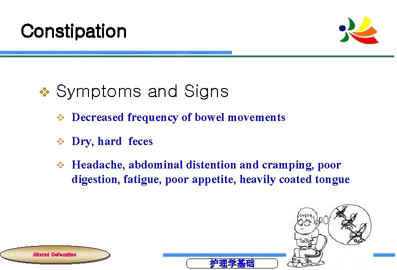 Constipation v Symptoms and Signs v Decreased frequency of bowel movements v Dry, hard
