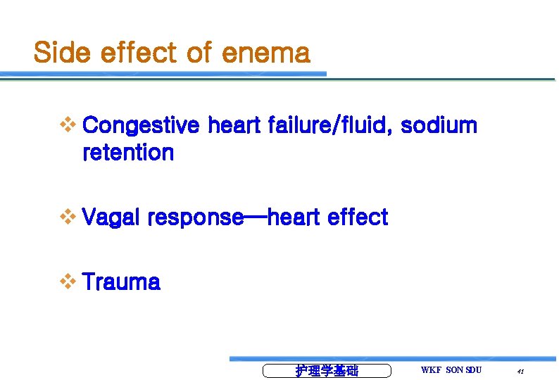 Side effect of enema v Congestive heart failure/fluid, sodium retention v Vagal response—heart effect