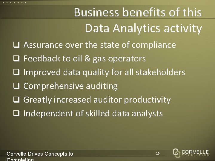 Business benefits of this Data Analytics activity q Assurance over the state of compliance
