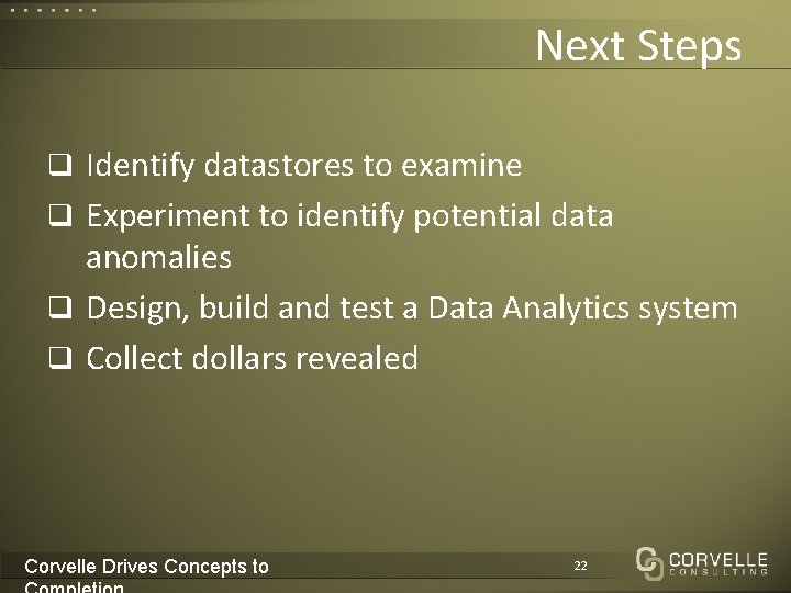 Next Steps q Identify datastores to examine q Experiment to identify potential data anomalies