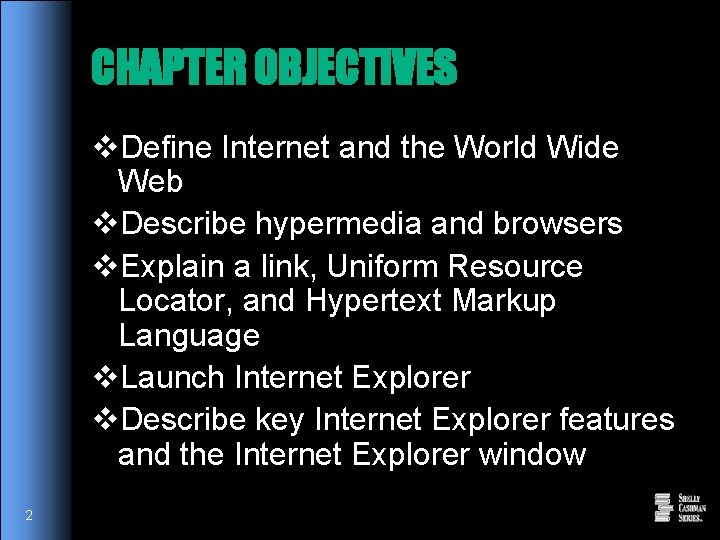 CHAPTER OBJECTIVES v. Define Internet and the World Wide Web v. Describe hypermedia and