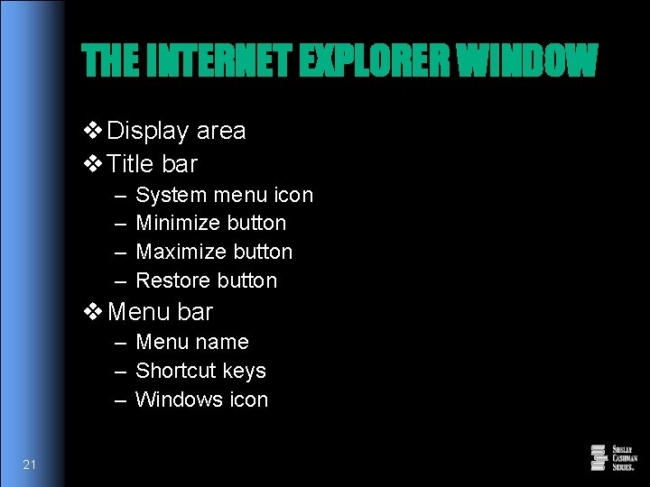 THE INTERNET EXPLORER WINDOW v Display area v Title bar – – System menu