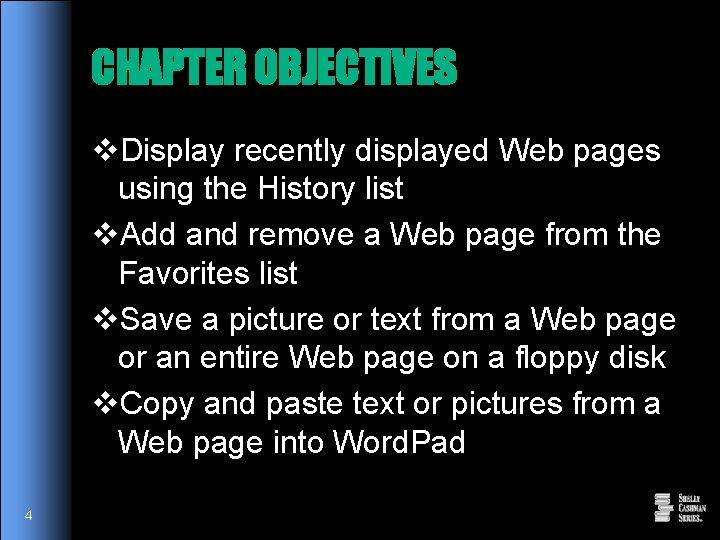 CHAPTER OBJECTIVES v. Display recently displayed Web pages using the History list v. Add