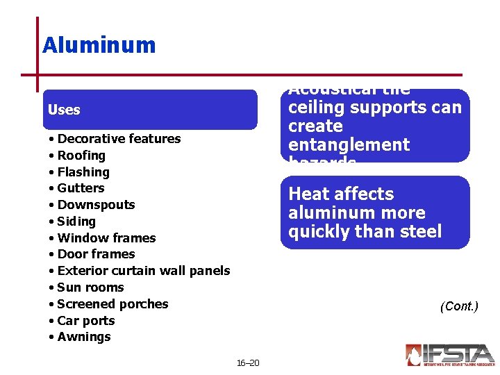 Aluminum Acoustical tile ceiling supports can create entanglement hazards Uses • Decorative features •