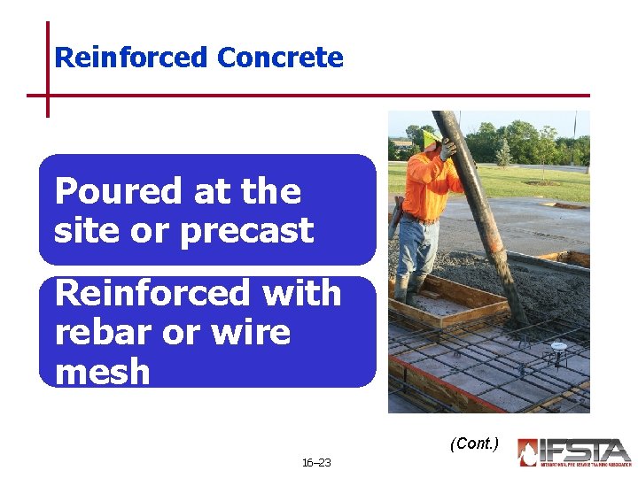 Reinforced Concrete Poured at the site or precast Reinforced with rebar or wire mesh