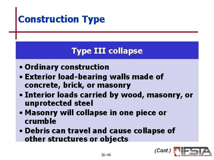 Construction Type III collapse • Ordinary construction • Exterior load-bearing walls made of concrete,