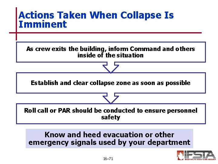 Actions Taken When Collapse Is Imminent As crew exits the building, inform Command others