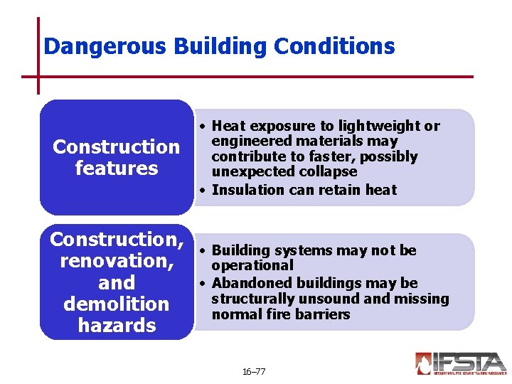 Dangerous Building Conditions Construction features • Heat exposure to lightweight or engineered materials may