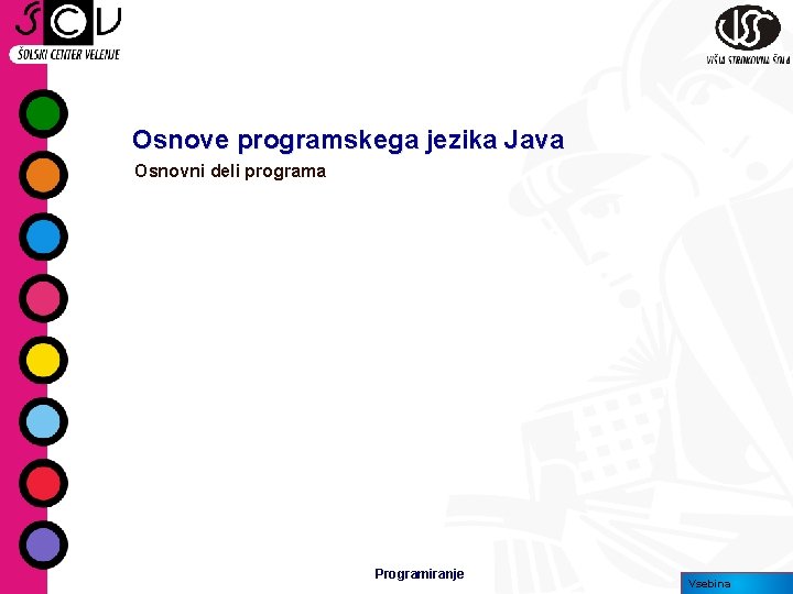 Osnove programskega jezika Java Osnovni deli programa Programiranje Vsebina 