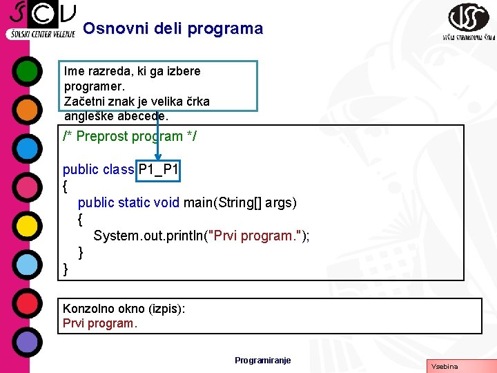 Osnovni deli programa Ime razreda, ki ga izbere programer. Začetni znak je velika črka