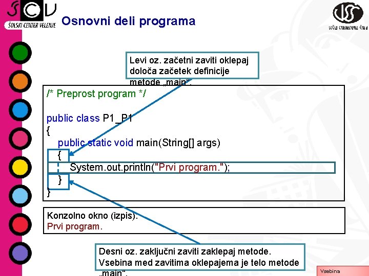 Osnovni deli programa Levi oz. začetni zaviti oklepaj določa začetek definicije metode „main“. /*