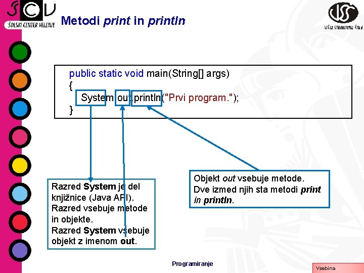 Metodi print in println public static void main(String[] args) { System. out. println("Prvi program.