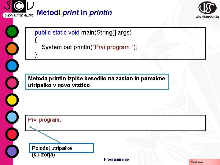 Metodi print in println public static void main(String[] args) { System. out. println("Prvi program.